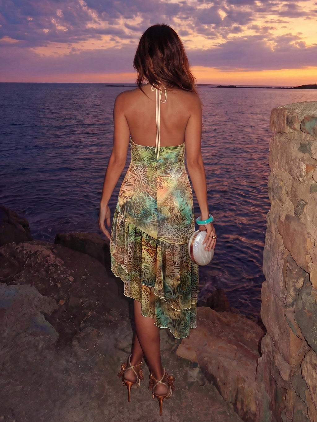 Allurite Asymmetric Hem Printed Halter Neck Dress, Women's Vacation Pink Dress - image 17