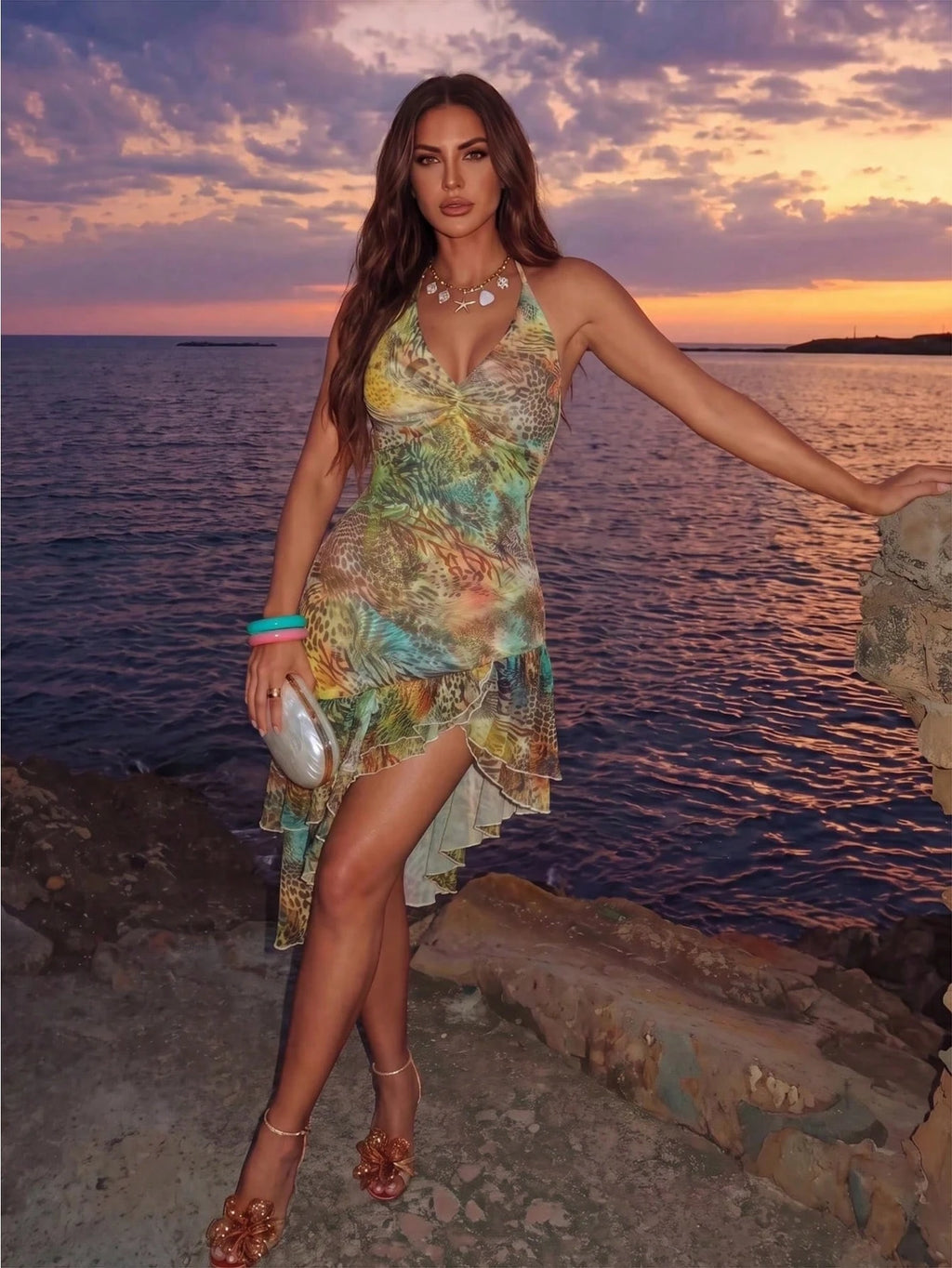Allurite Asymmetric Hem Printed Halter Neck Dress, Women's Vacation Pink Dress - image 20
