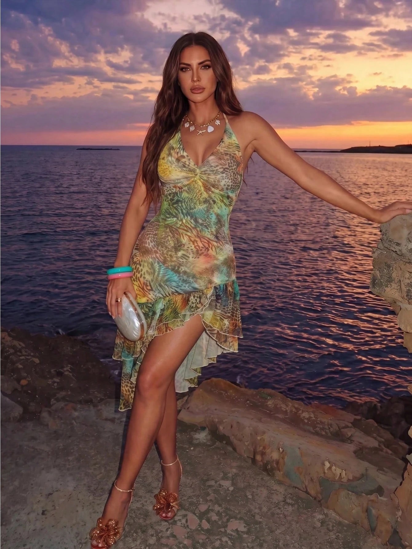 Allurite Asymmetric Hem Printed Halter Neck Dress, Women's Vacation Pink Dress - image 20