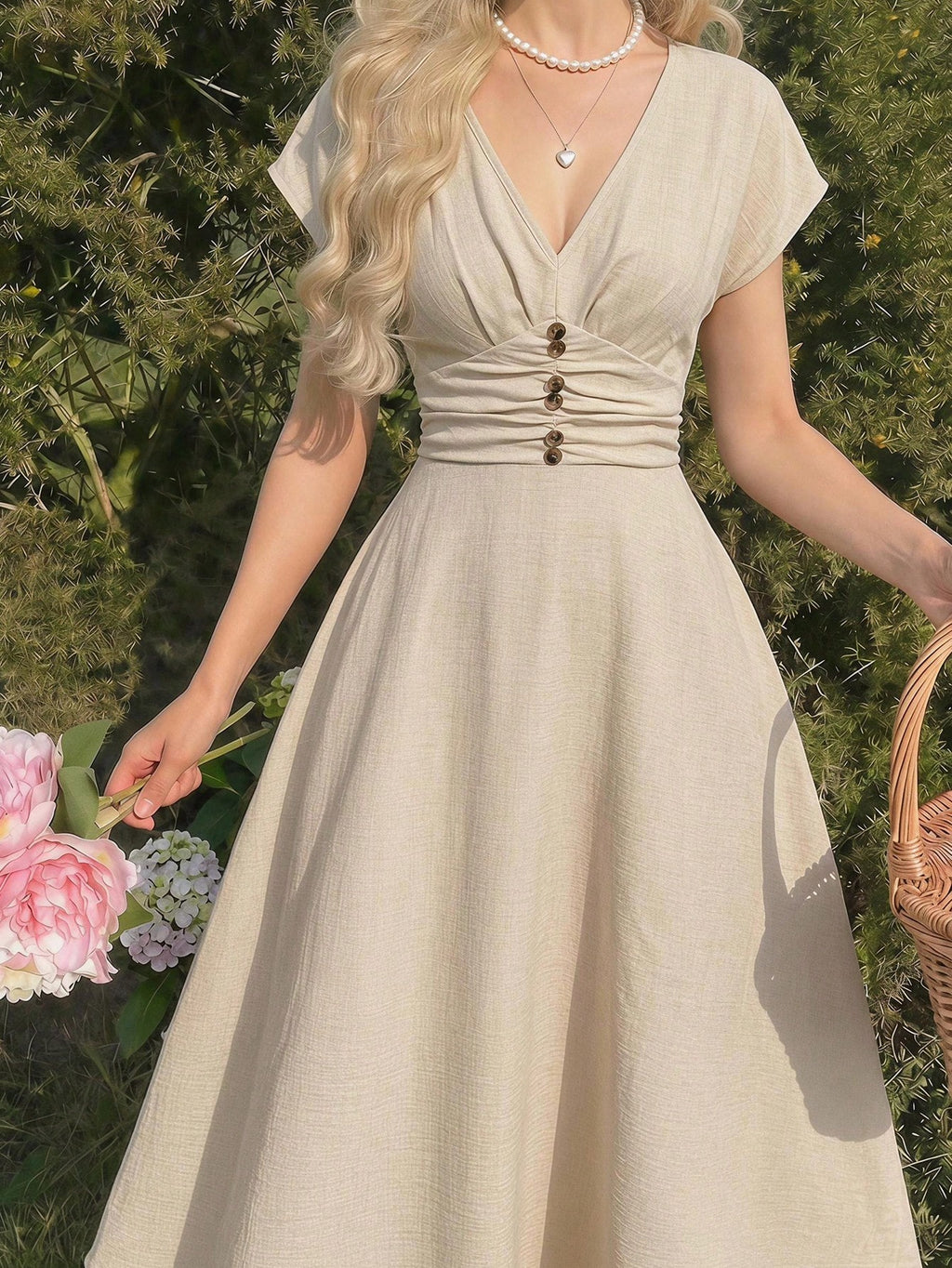 Skyraze Women's V-Neck Cap Sleeve BeigeDress, Elegant Cottage,Summer,Vacation,Wedding Party Picnic,Going