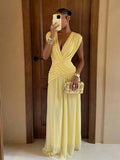 Lumalex Light Yellow Draped Mesh Maxi Dress In Light Yellow With Deep