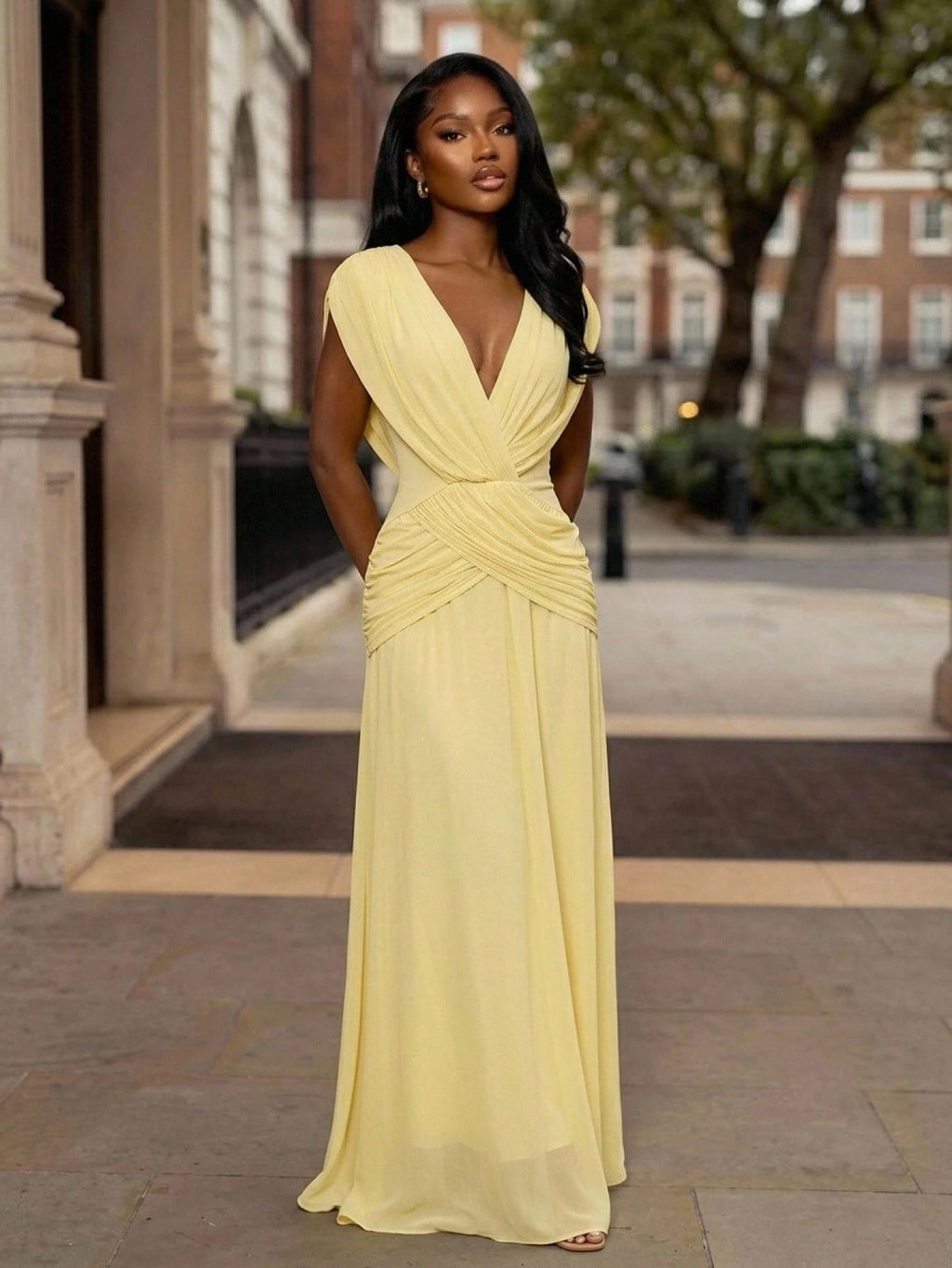Lumalex Light Yellow Draped Mesh Maxi Dress In Light Yellow With Deep