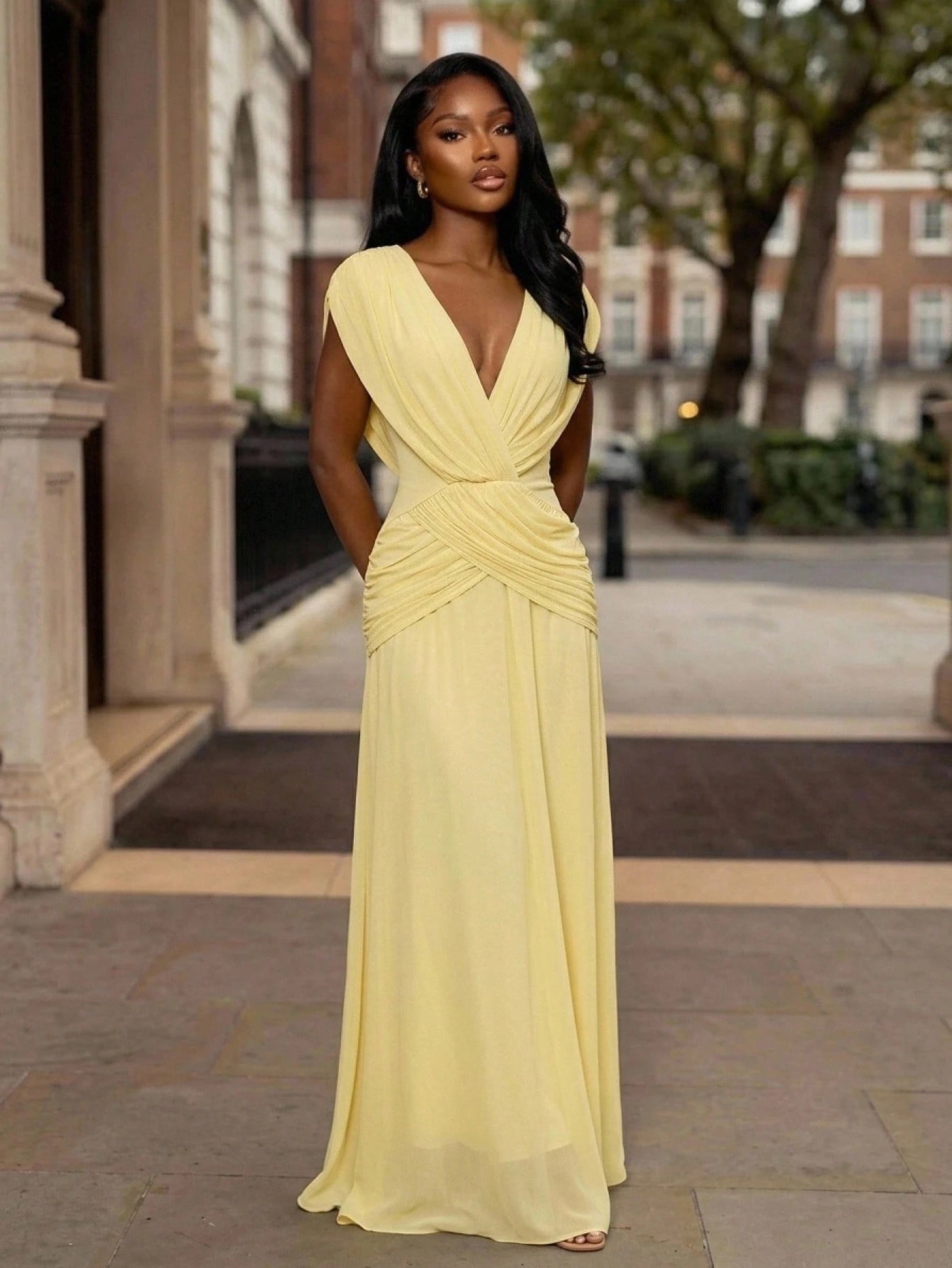 Lumalex Light Yellow Draped Mesh Maxi Dress In Light Yellow With Deep
