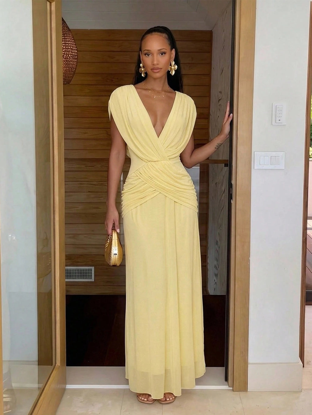 Lumalex Light Yellow Draped Mesh Maxi Dress In Light Yellow With Deep
