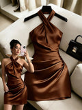 Qadelle Women's Halter Neck Backless Solid Color Ruched Criss-Cross Neckline Dress