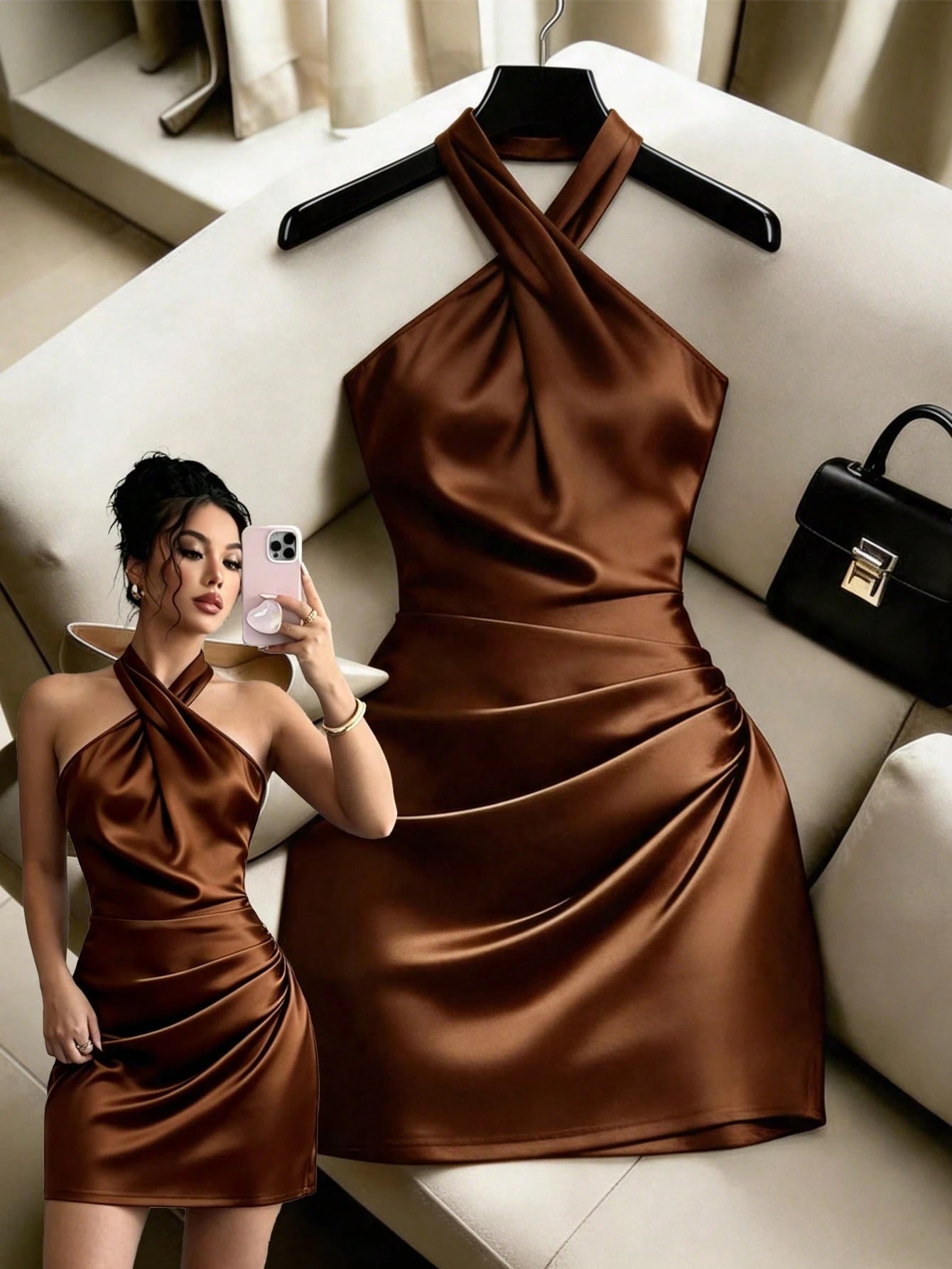 Qadelle Women's Halter Neck Backless Solid Color Ruched Criss-Cross Neckline Dress
