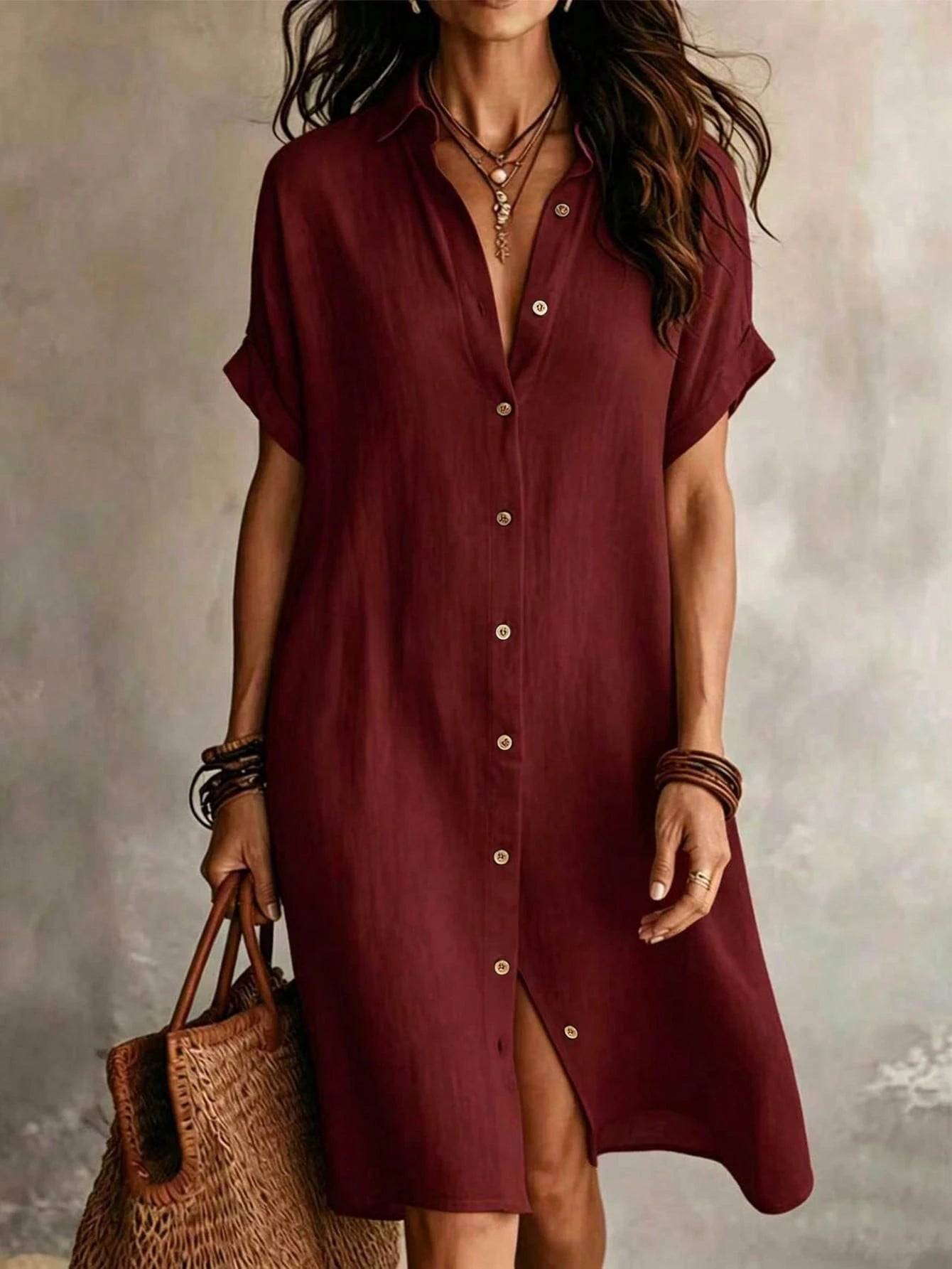 Women's Casual Ivory Woven Shirt Dress, Collared Short Sleeve Front