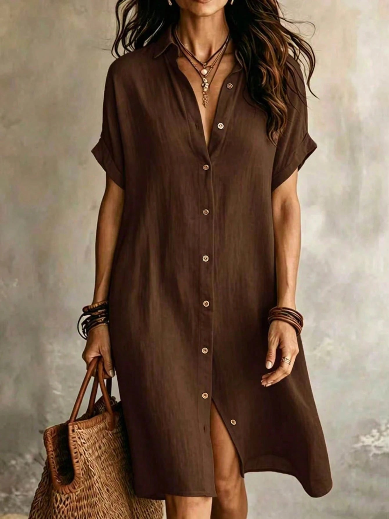 Women's Casual Ivory Woven Shirt Dress, Collared Short Sleeve Front