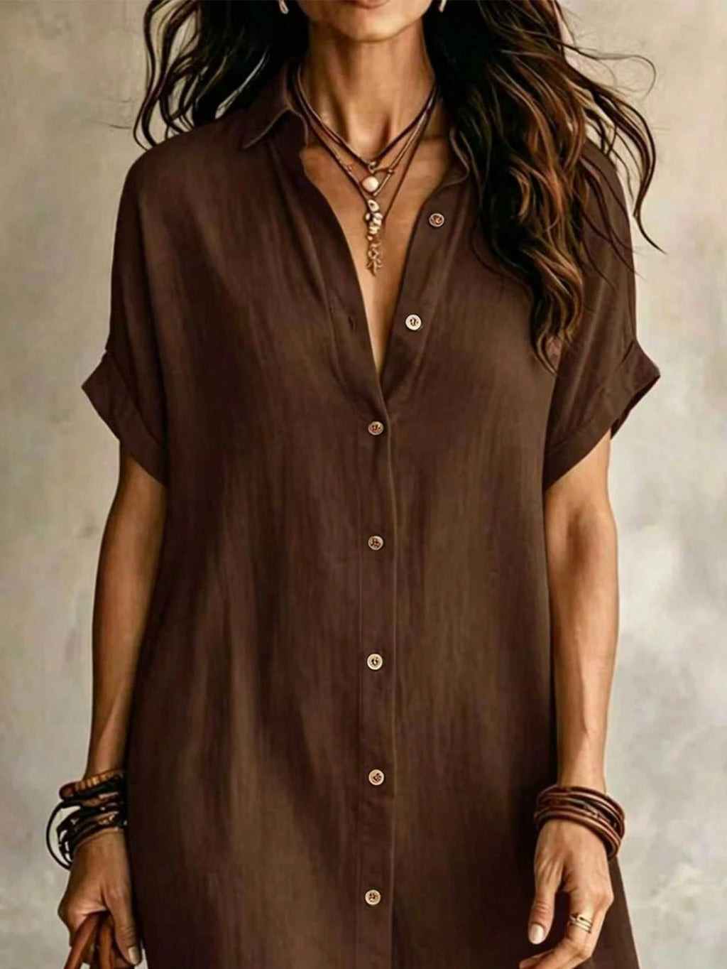 Women's Casual Ivory Woven Shirt Dress, Collared Short Sleeve Front