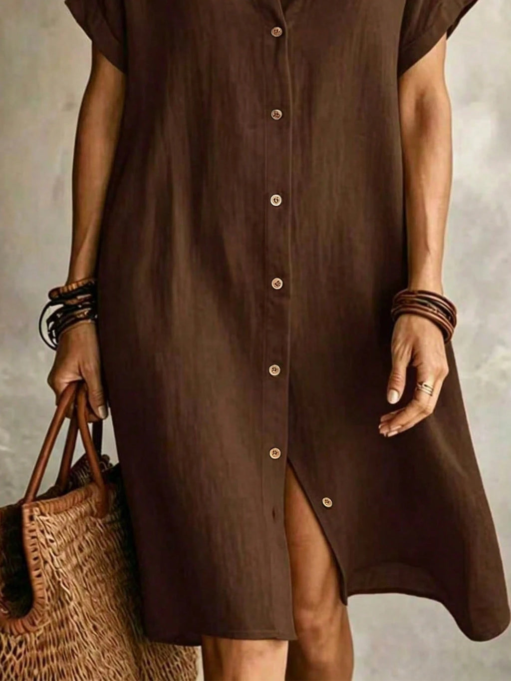 Women's Casual Ivory Woven Shirt Dress, Collared Short Sleeve Front