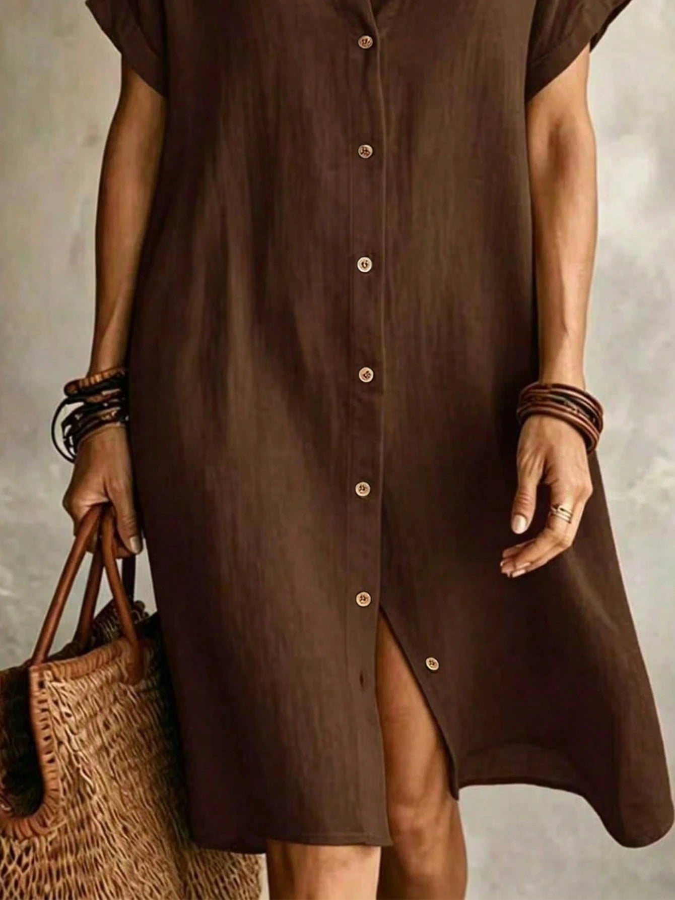 Women's Casual Ivory Woven Shirt Dress, Collared Short Sleeve Front