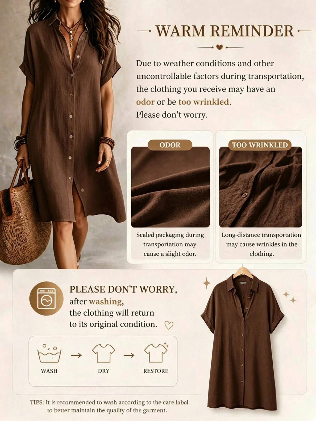 Women's Casual Ivory Woven Shirt Dress, Collared Short Sleeve Front