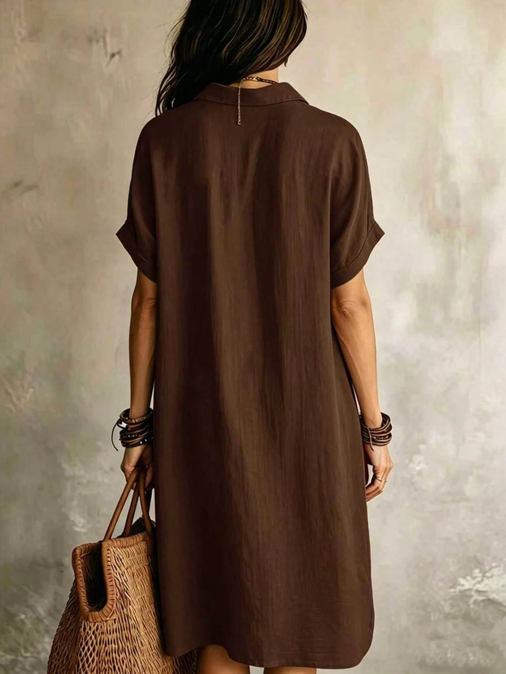 Women's Casual Ivory Woven Shirt Dress, Collared Short Sleeve Front