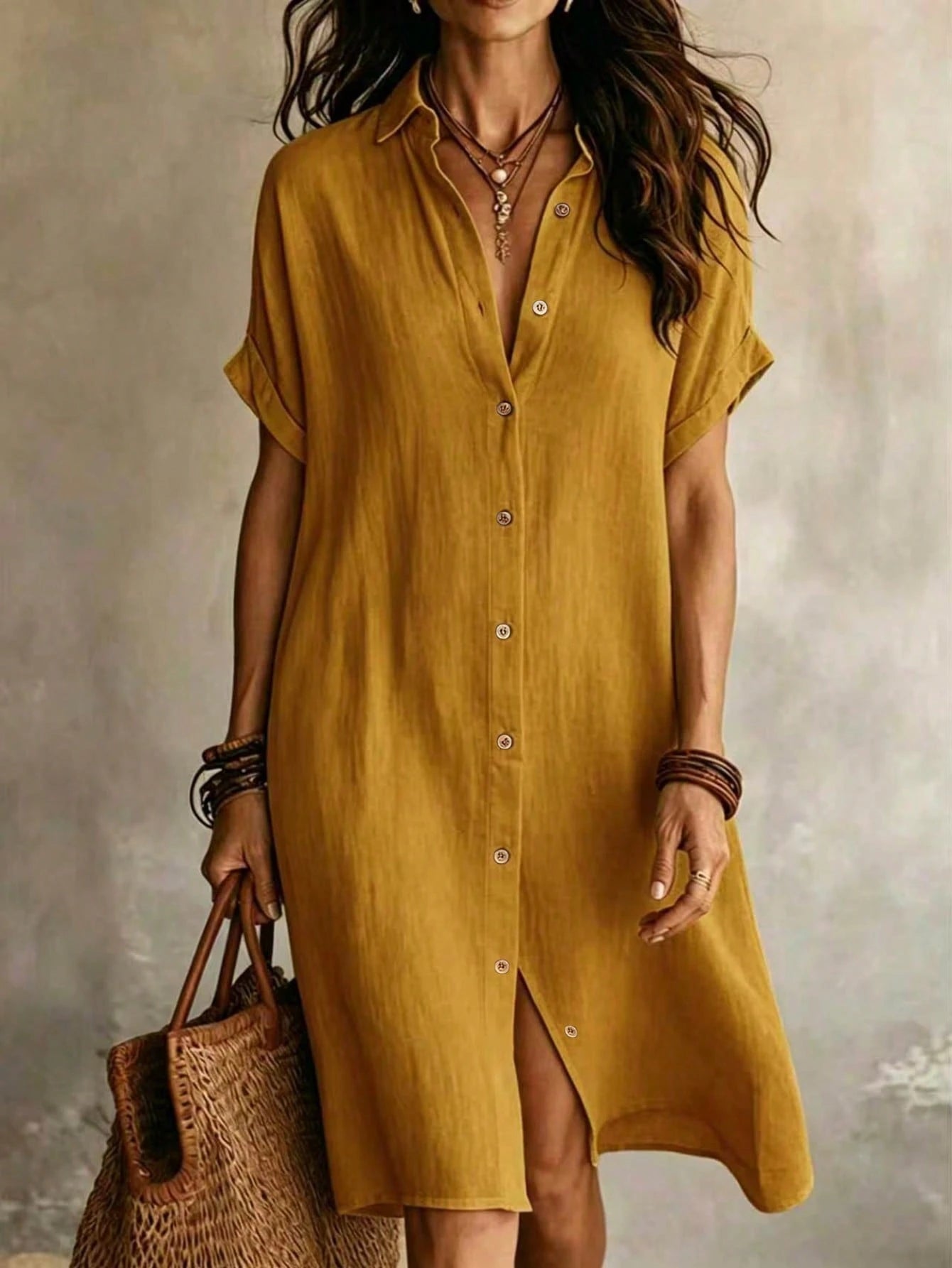 Women's Casual Ivory Woven Shirt Dress, Collared Short Sleeve Front