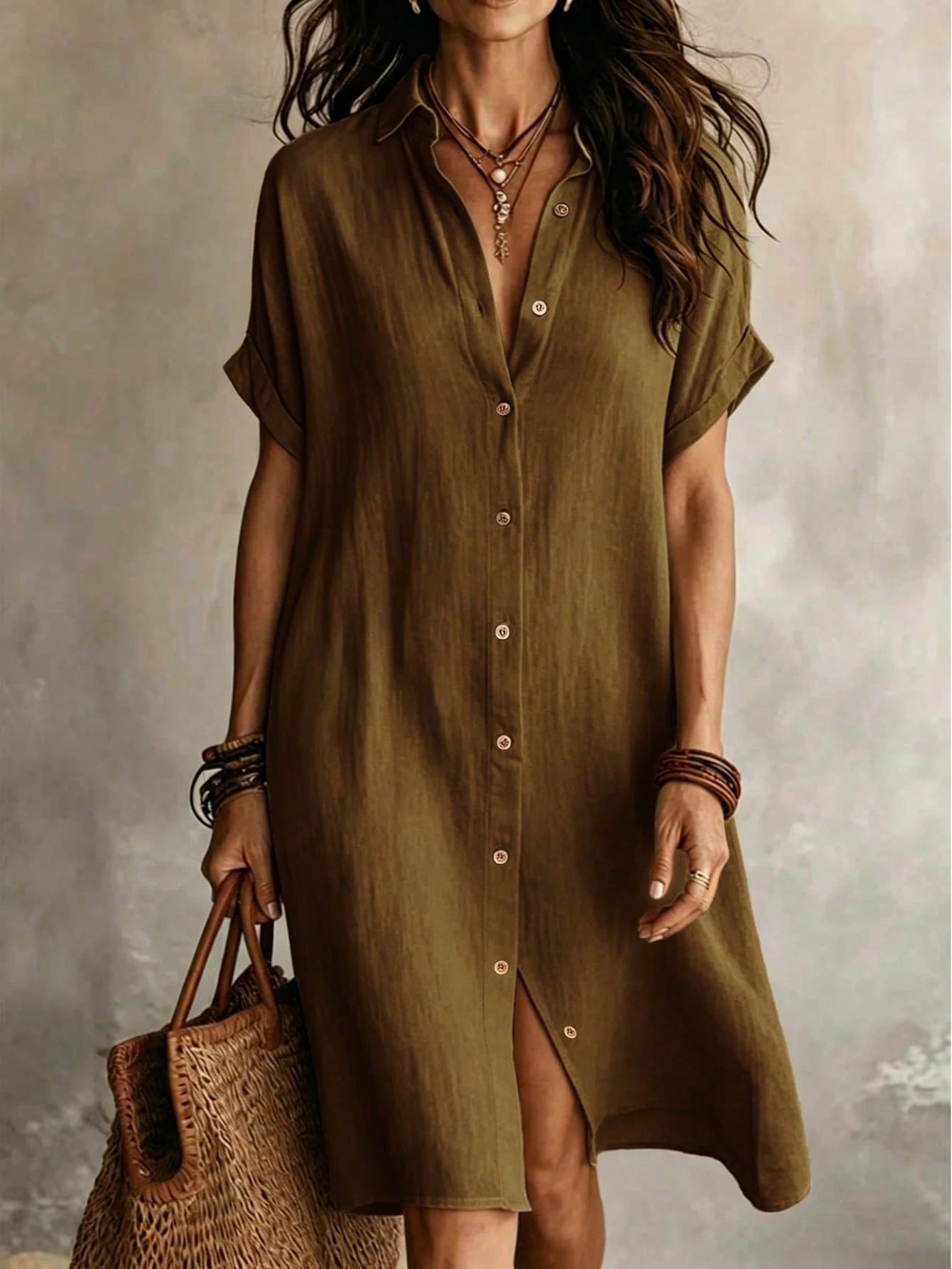 Women's Casual Ivory Woven Shirt Dress, Collared Short Sleeve Front
