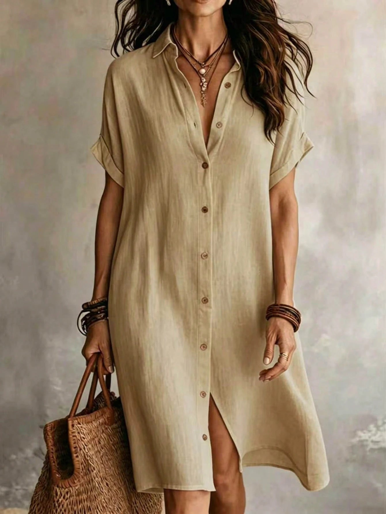 Women's Casual Ivory Woven Shirt Dress, Collared Short Sleeve Front