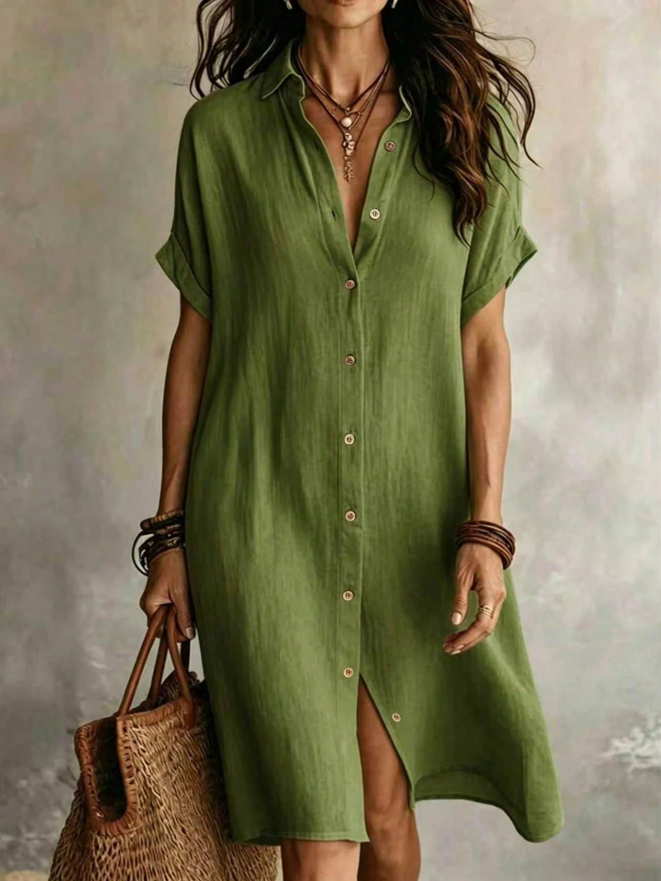 Women's Casual Ivory Woven Shirt Dress, Collared Short Sleeve Front