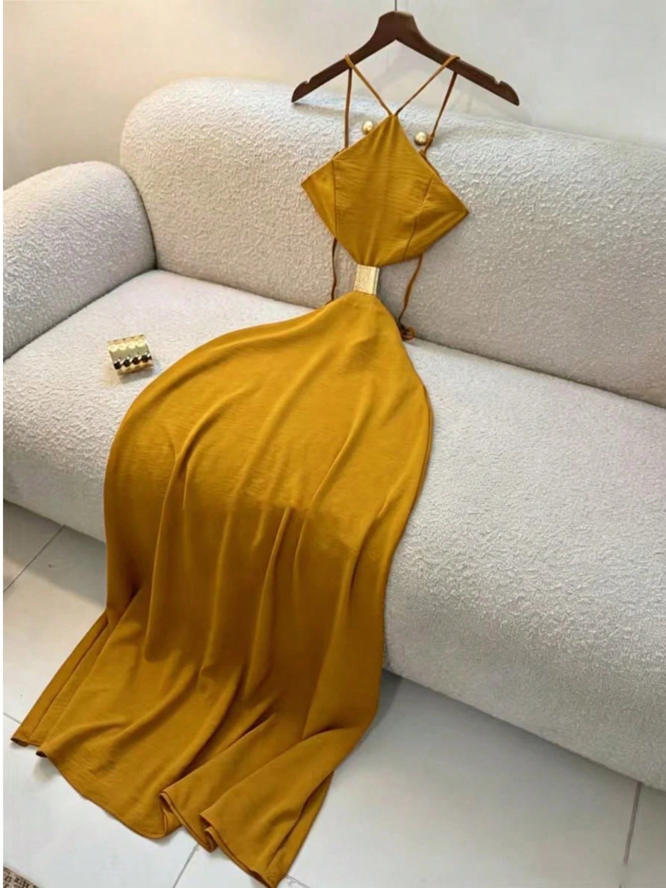 Summer Women's Midi Strap Dress, Vacation Style Backless Hollow Out