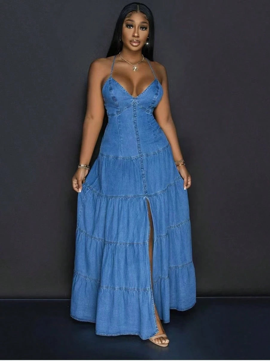 Women Summer New Sexy V Neck Cami Back Tie Denim Tiered Maxi Dress,