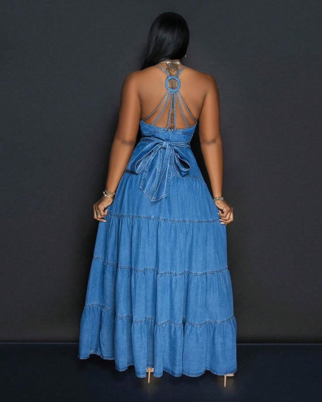 Women Summer New Sexy V Neck Cami Back Tie Denim Tiered Maxi Dress,