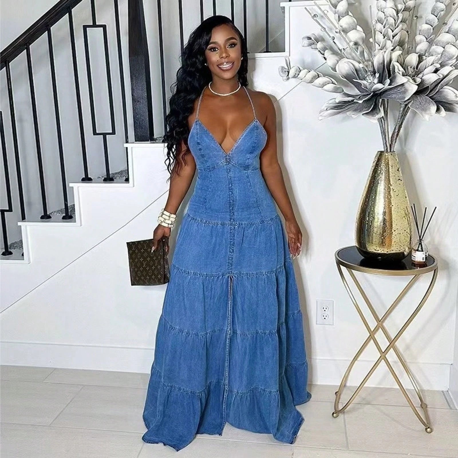 Women Summer New Sexy V Neck Cami Back Tie Denim Tiered Maxi Dress,