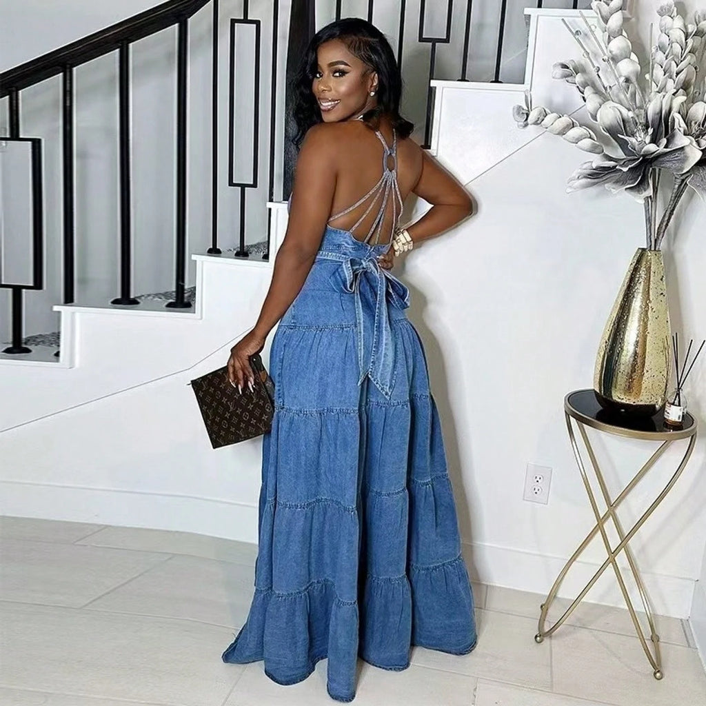 Women Summer New Sexy V Neck Cami Back Tie Denim Tiered Maxi Dress,