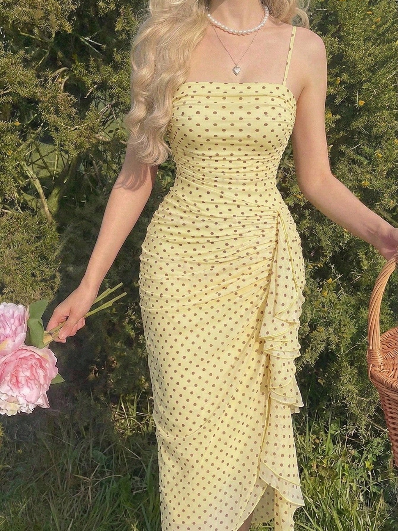 Skyraze Women's Elegant Cream Floral Print Ruffle Hem Fitted Midi