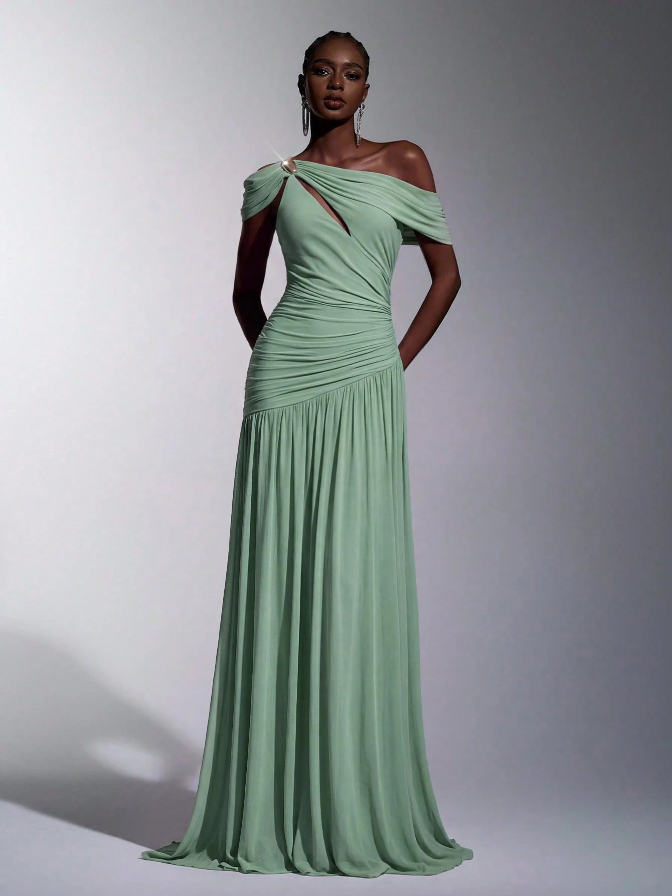 Elitara Elegant Luxurious Elastic Mesh, Handcrafted Metal Decor, Asymmetric Collar Overlay With Ruffle A-Line - image 3