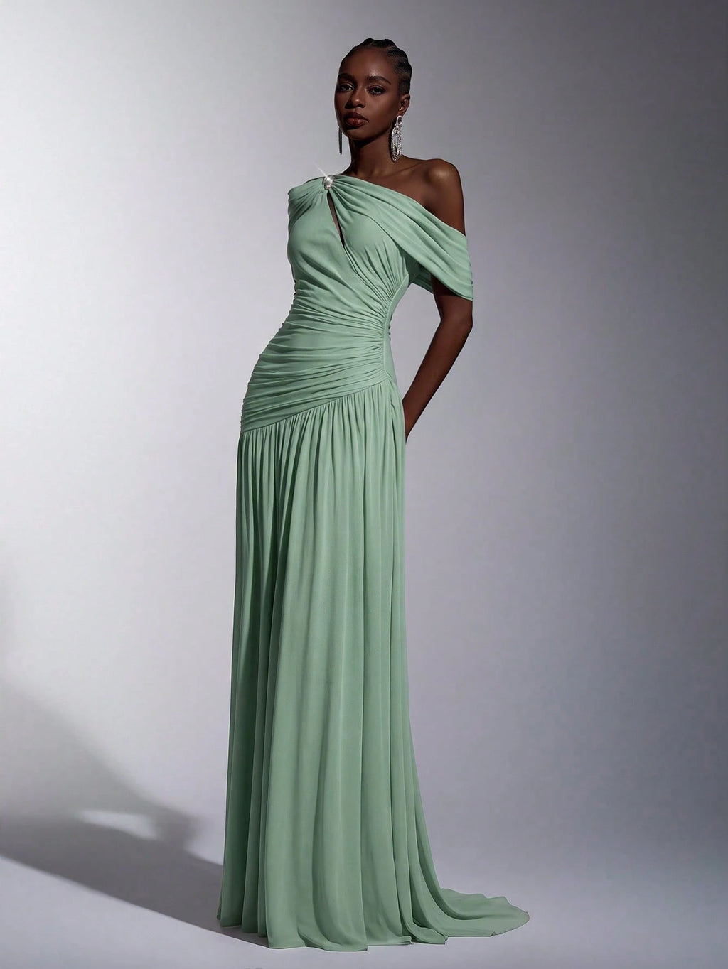 Elitara Elegant Luxurious Elastic Mesh, Handcrafted Metal Decor, Asymmetric Collar Overlay With Ruffle A-Line - image 4