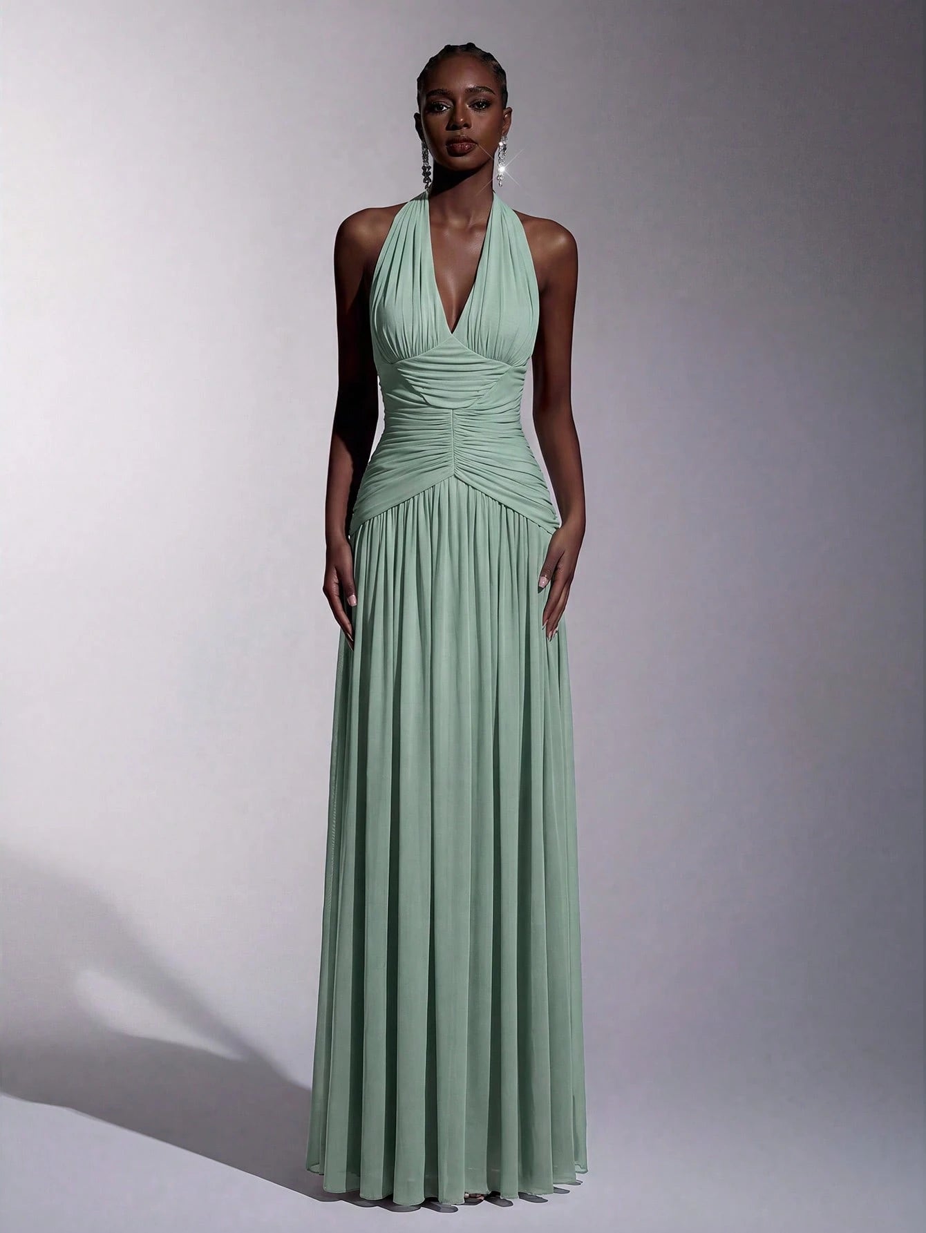 Elitara Elegant, , Fashionable Elastic Mesh Halter Neck Ruched Decor