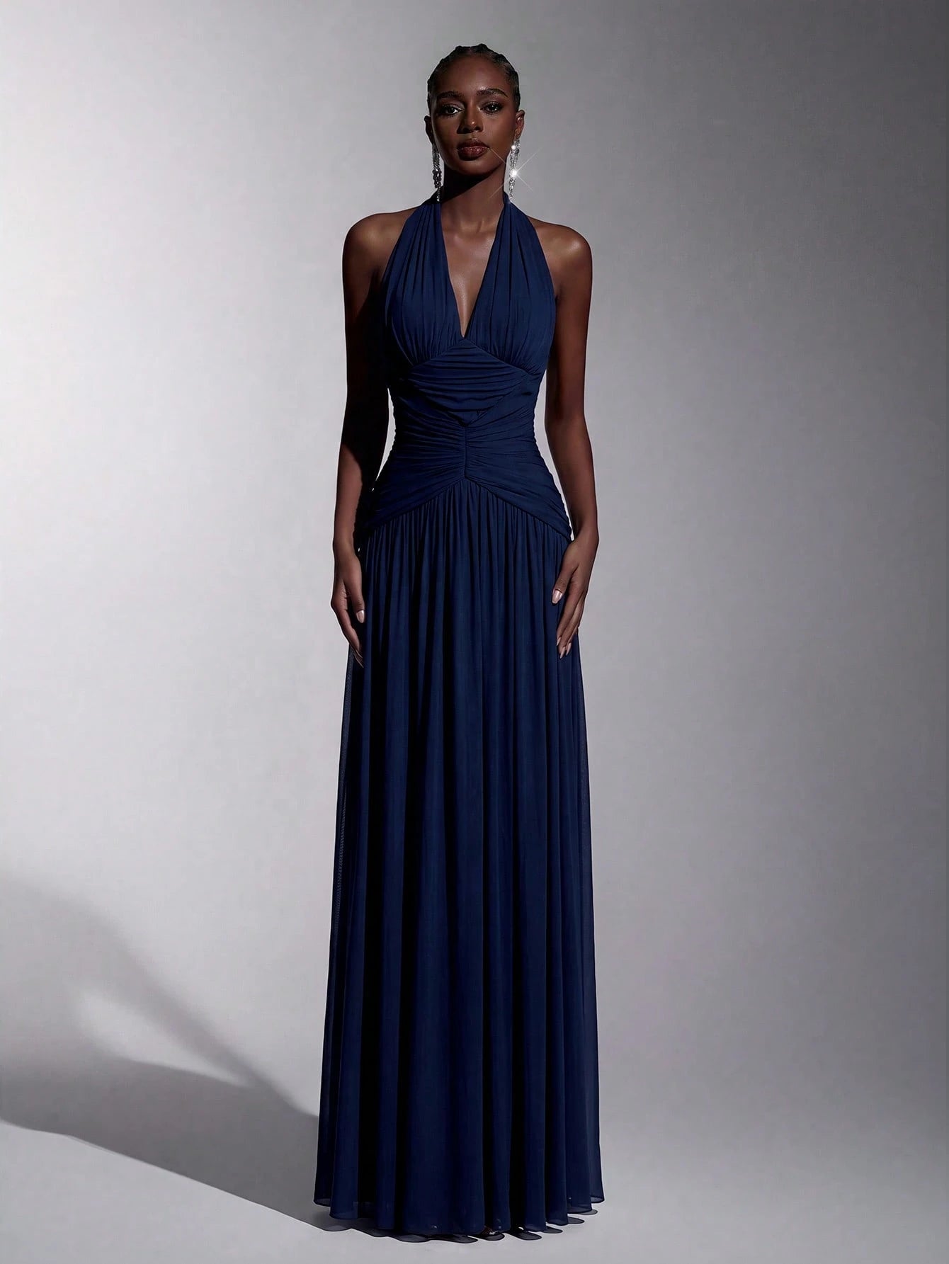 Elitara Elegant, , Fashionable Elastic Mesh Halter Neck Ruched Decor