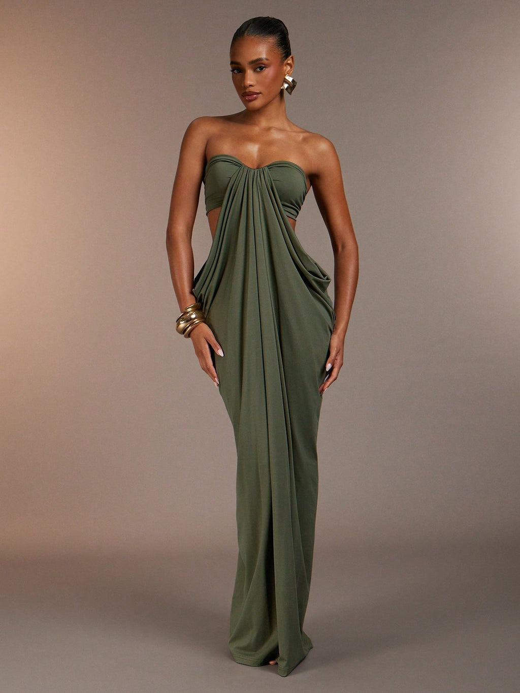 Hauture Women's Elegant Sexy Strapless Cut-Out Maxi Dress Soft Drape,