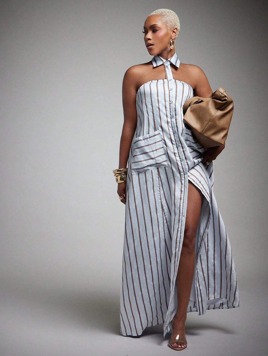 Vixey Woven Striped Pointed Collar Sleeveless Halter Shirt Dress,