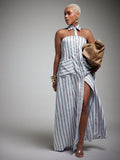 Vixey Woven Striped Pointed Collar Sleeveless Halter Shirt Dress,