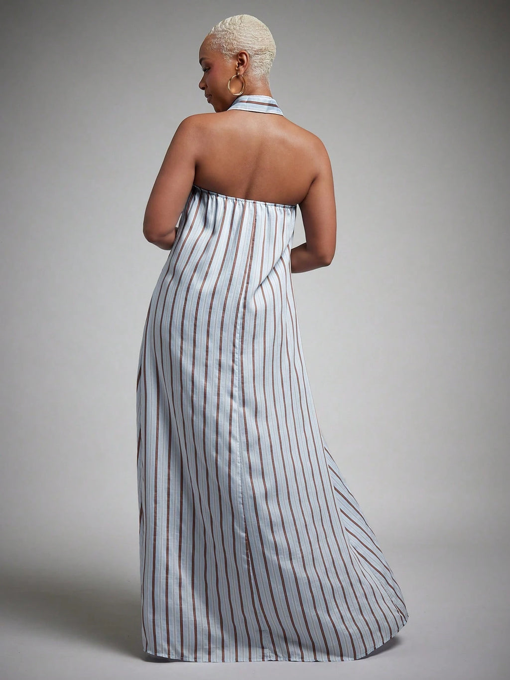 Vixey Woven Striped Pointed Collar Sleeveless Halter Shirt Dress,