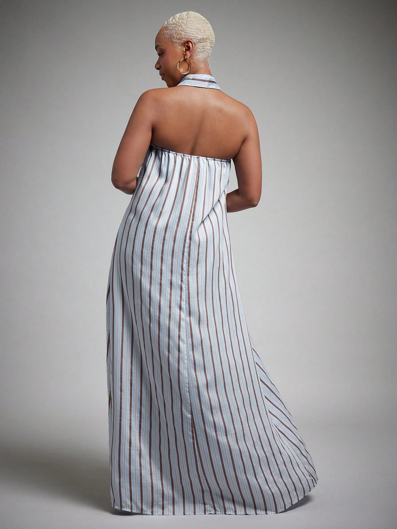 Vixey Woven Striped Pointed Collar Sleeveless Halter Shirt Dress,