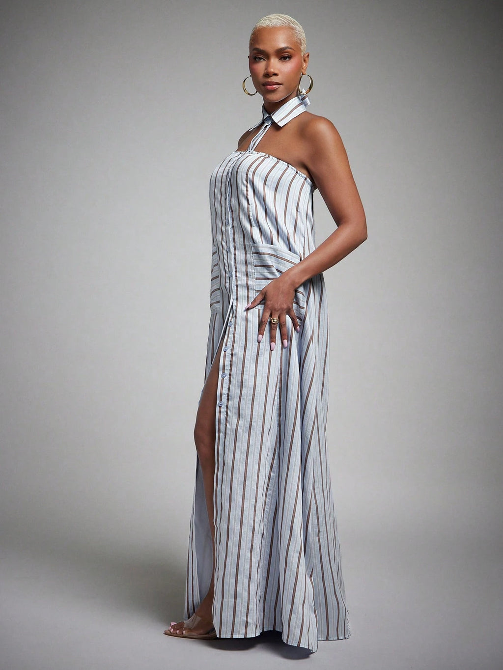 Vixey Woven Striped Pointed Collar Sleeveless Halter Shirt Dress,