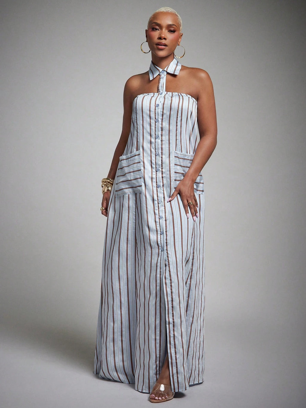 Vixey Woven Striped Pointed Collar Sleeveless Halter Shirt Dress,