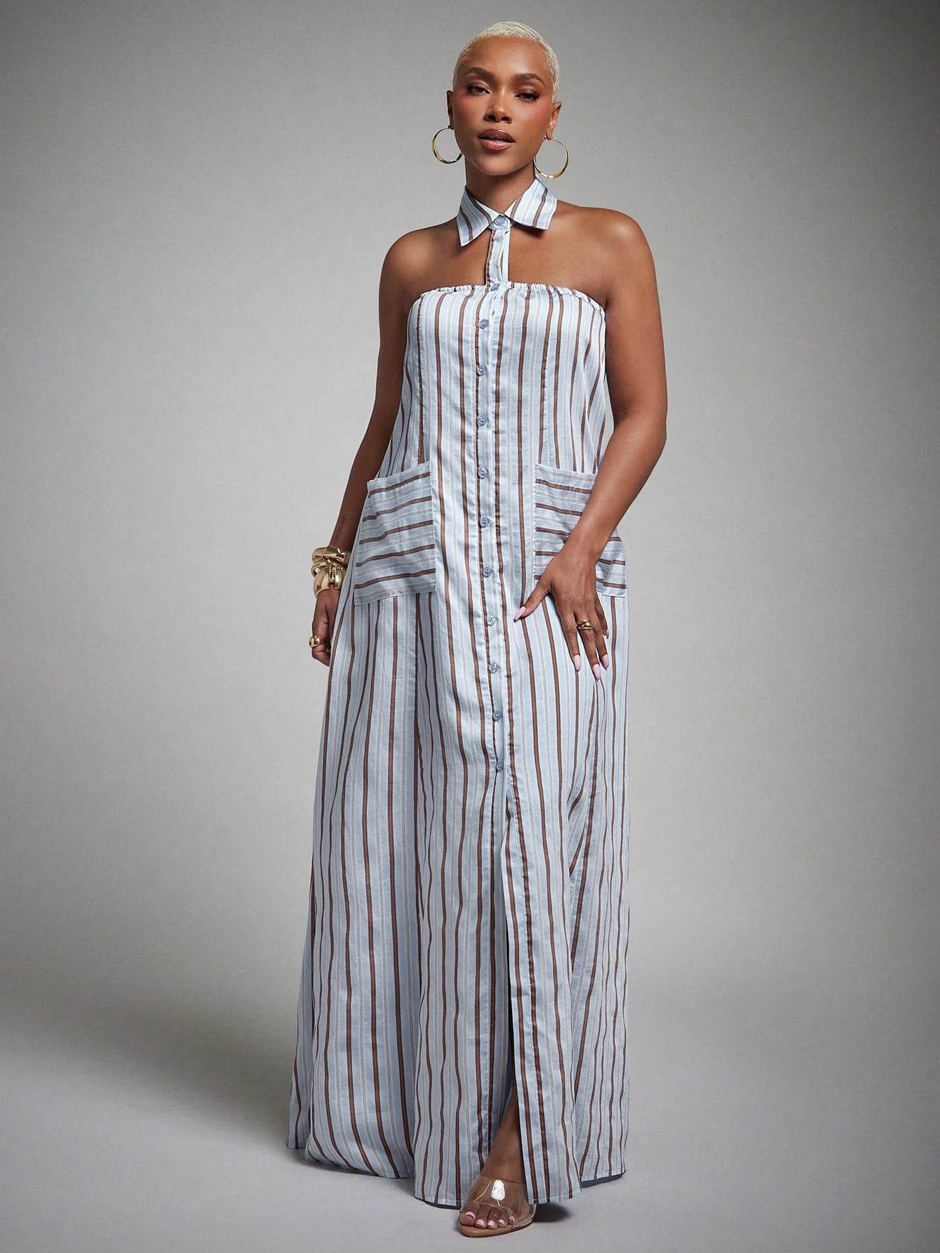 Vixey Woven Striped Pointed Collar Sleeveless Halter Shirt Dress,