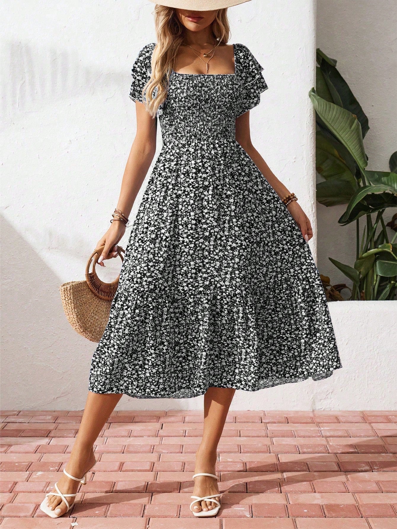 Breezaya Square Neck Ditsy Floral Casual Summer Short Sleeve Dress
