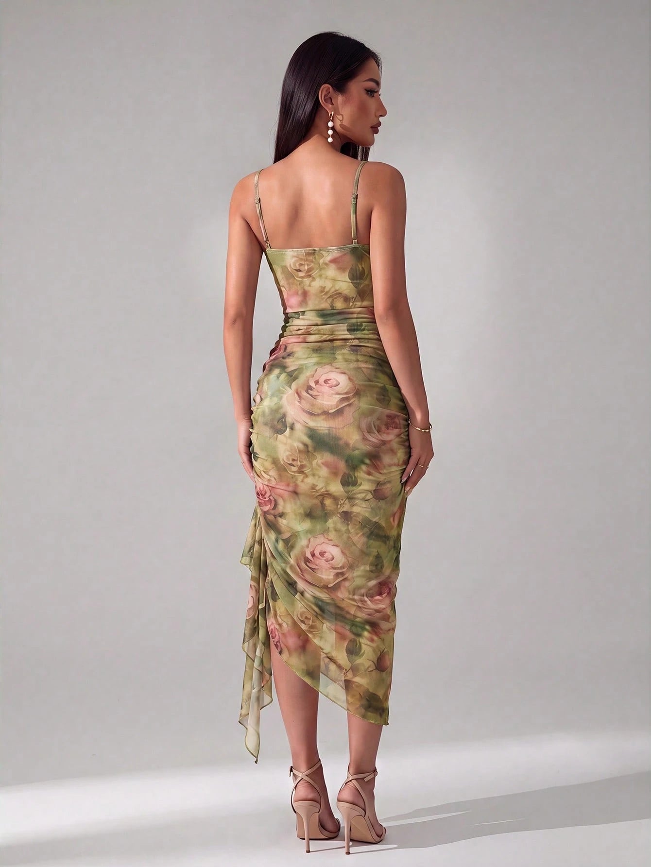 PETITE Women's Vintage Sexy Elegant Pink And Green And And Butterfly Print Ruched Ruffle Hem Dress, - image 12