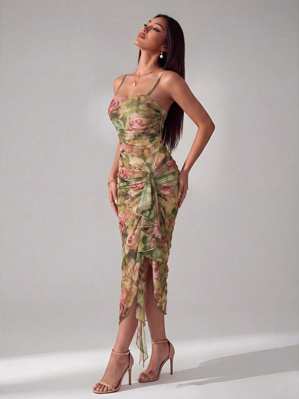 PETITE Women's Vintage Sexy Elegant Pink And Green And And Butterfly Print Ruched Ruffle Hem Dress, - image 14