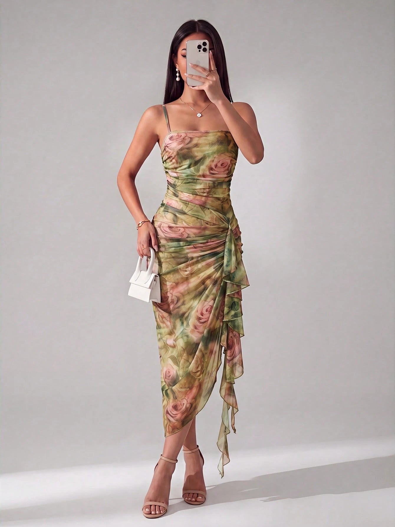 PETITE Women's Vintage Sexy Elegant Pink And Green And And Butterfly Print Ruched Ruffle Hem Dress, - image 18