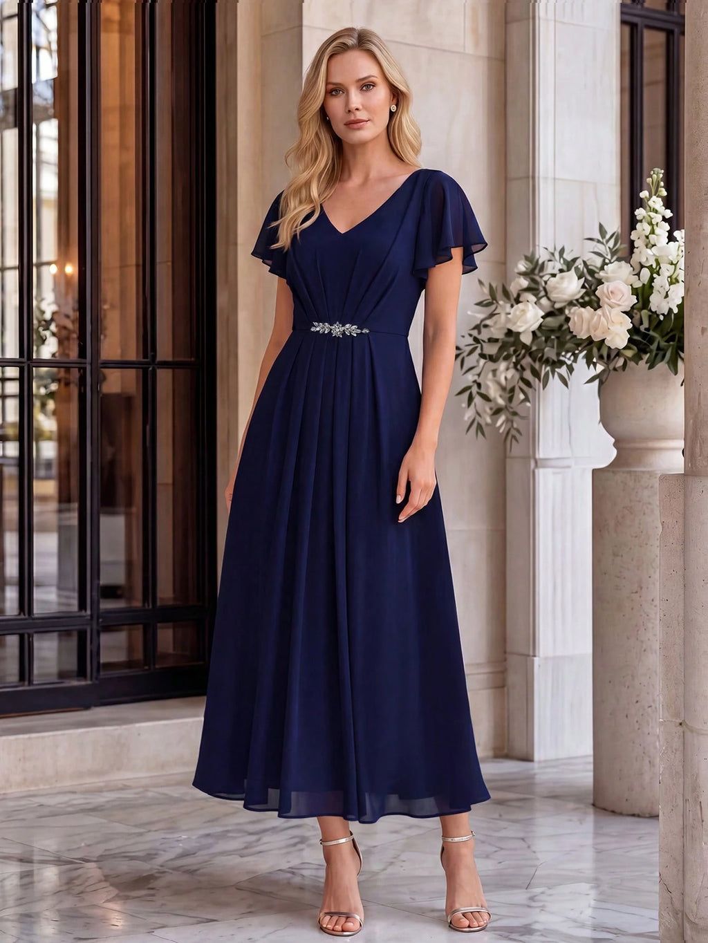 EVERPRETTY Women's Elegant Romantic V-Neck Short Sleeve Ruffle Sleeve Chiffon Evening Dress, Suitable For - image 9