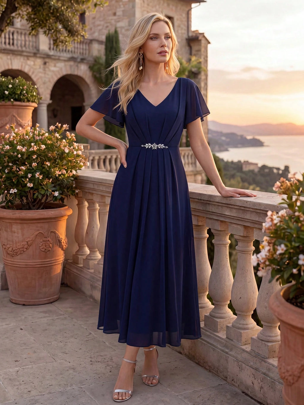 EVERPRETTY Women's Elegant Romantic V-Neck Short Sleeve Ruffle Sleeve Chiffon Evening Dress, Suitable For - image 4