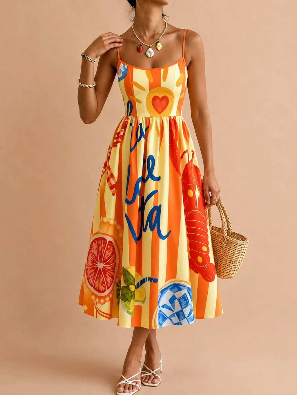 French Italian Vacation Style Thin Strap Waist-Cinching Midi Dress,