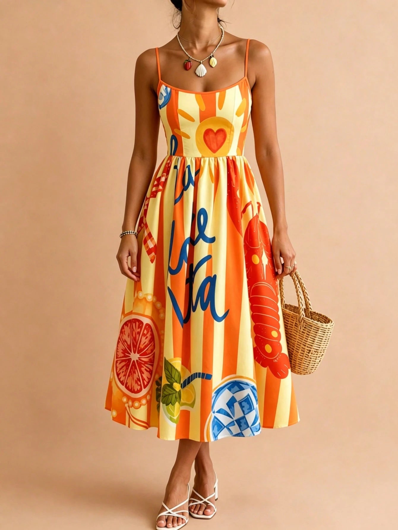 French Italian Vacation Style Thin Strap Waist-Cinching Midi Dress,
