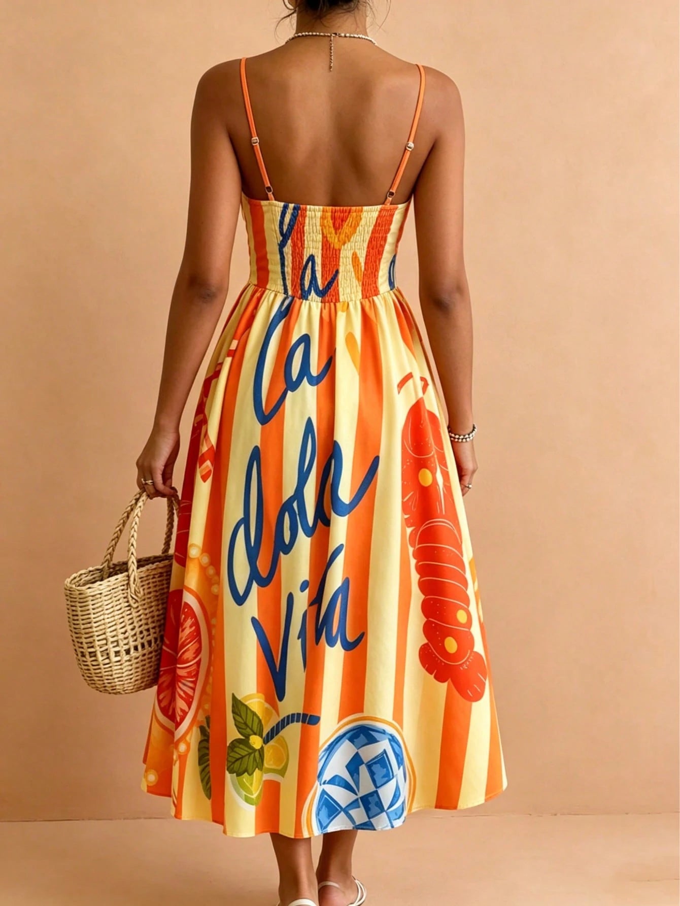 French Italian Vacation Style Thin Strap Waist-Cinching Midi Dress,