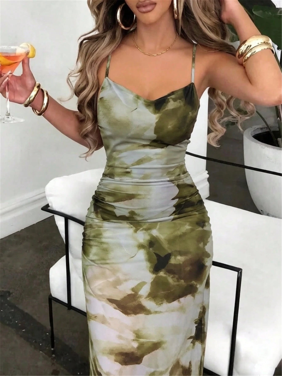 Women's Luxury Summer Evening Dress, Tie Dye Printed Draped