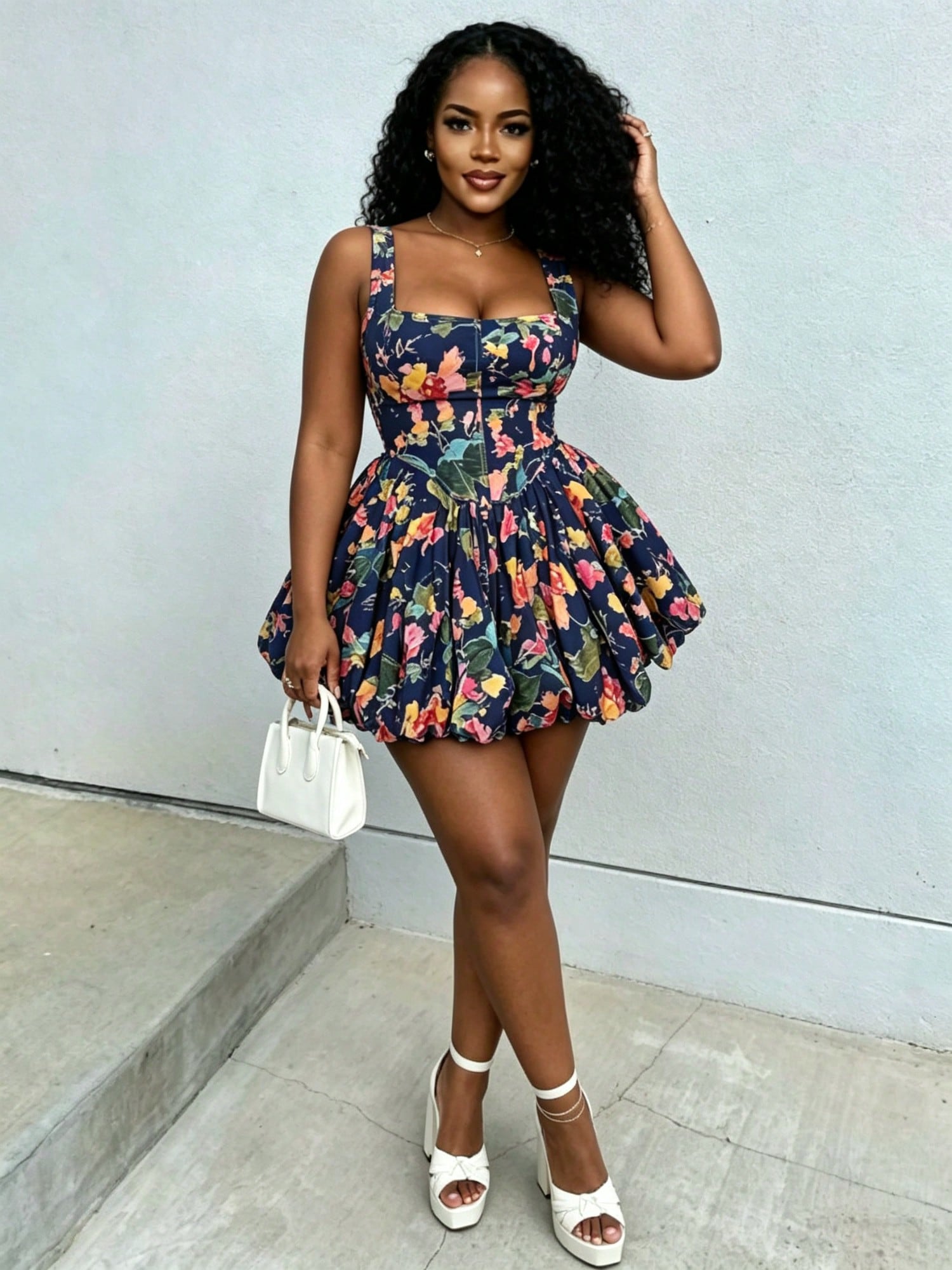 Xixi' Boudoir 2026 Stylish U Neck Floral Bubble Hem Dress Summer